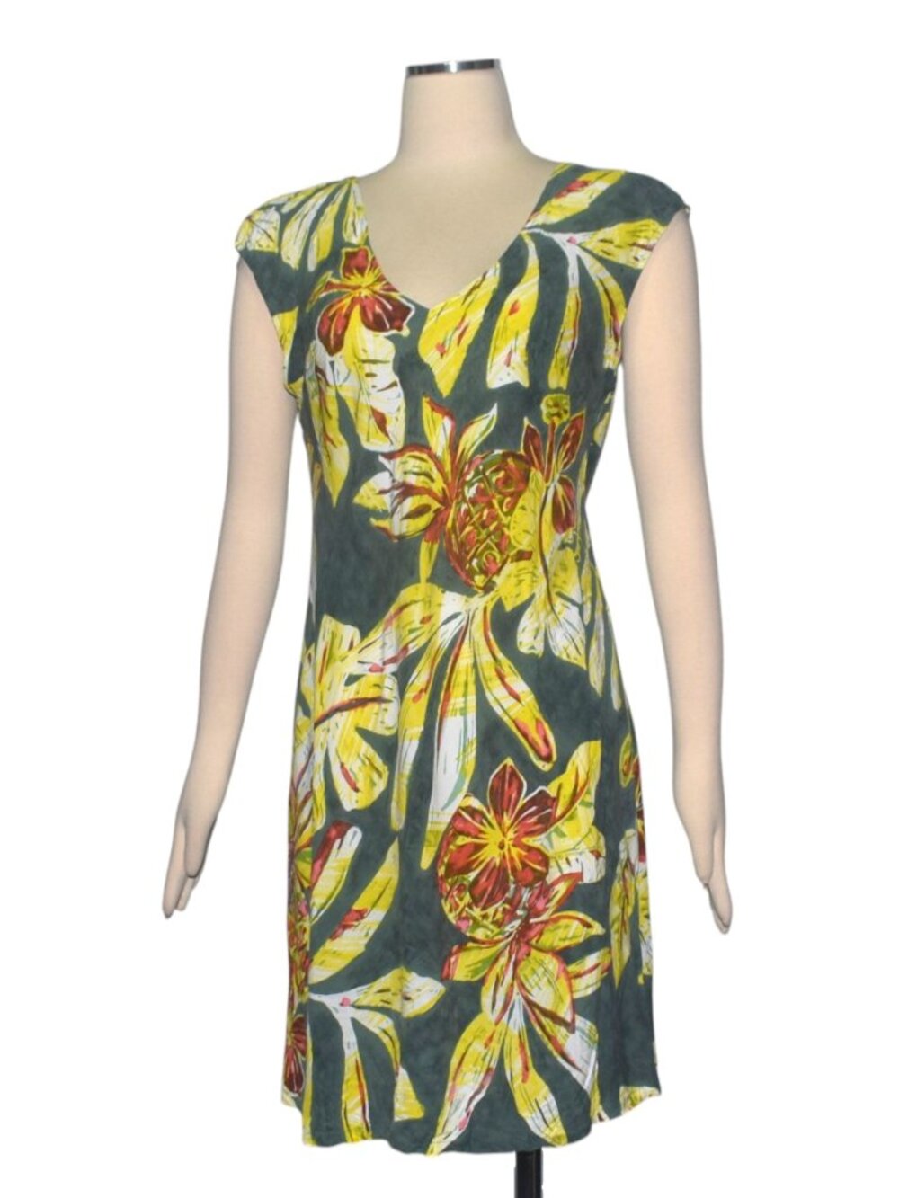 Jams World Rayon Tropical Pineapple Leaves Print Sleeveless Dress V neck M